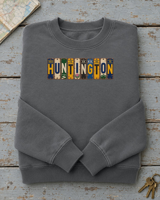 Huntington, West Virginia vintage license plate sweatshirt in Pepper