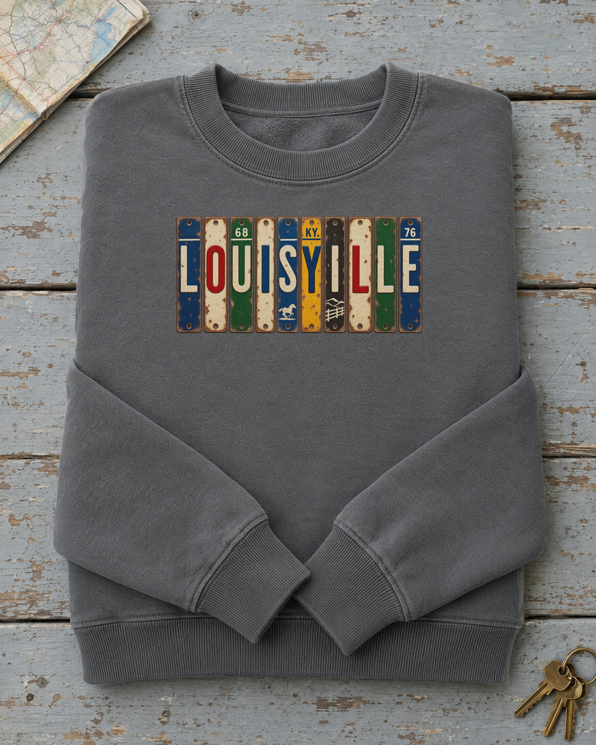 Louisville, Kentucky vintage license plate sweatshirt in Pepper