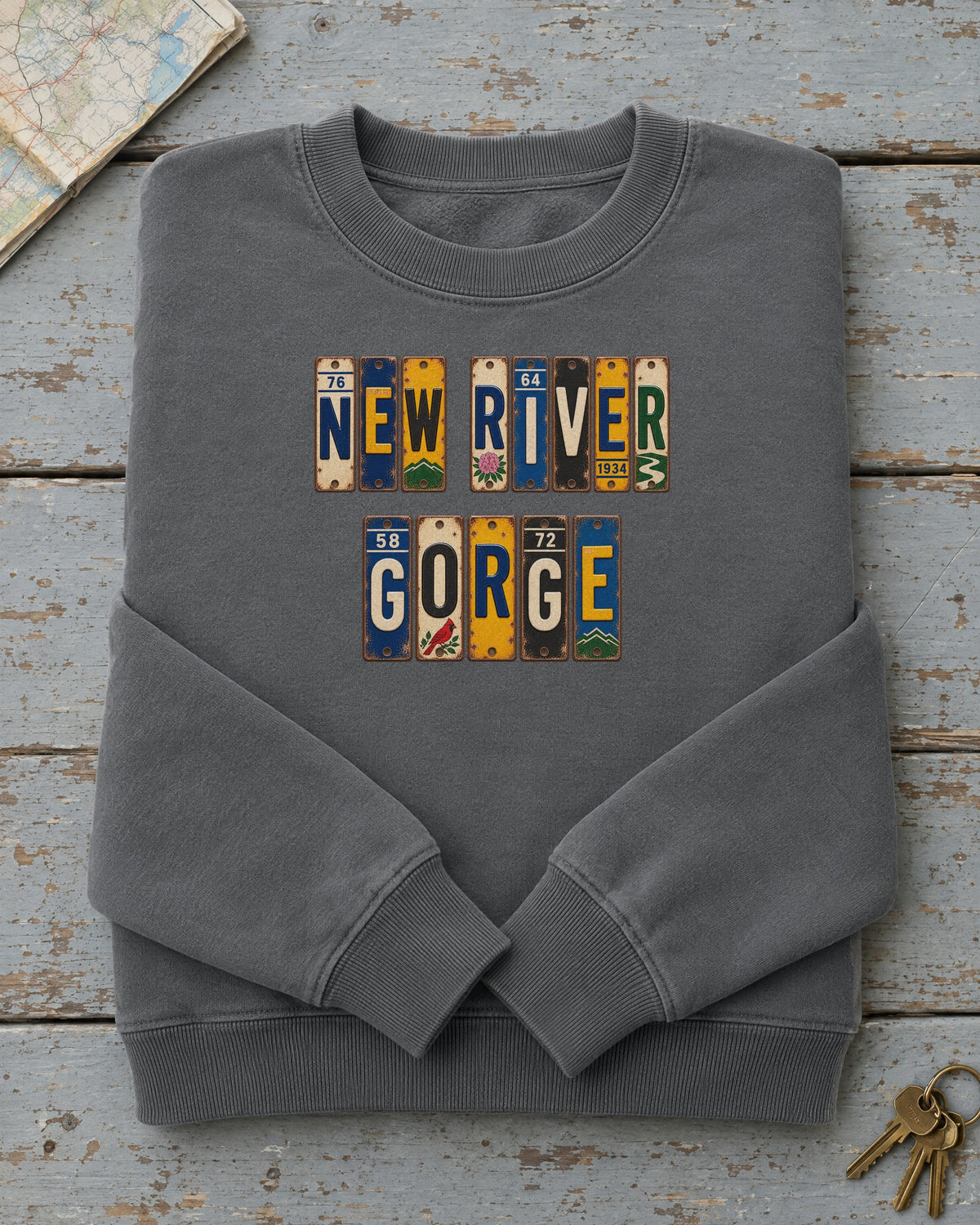 New River Gorge, West Virginia vintage license plate sweatshirt in Pepper