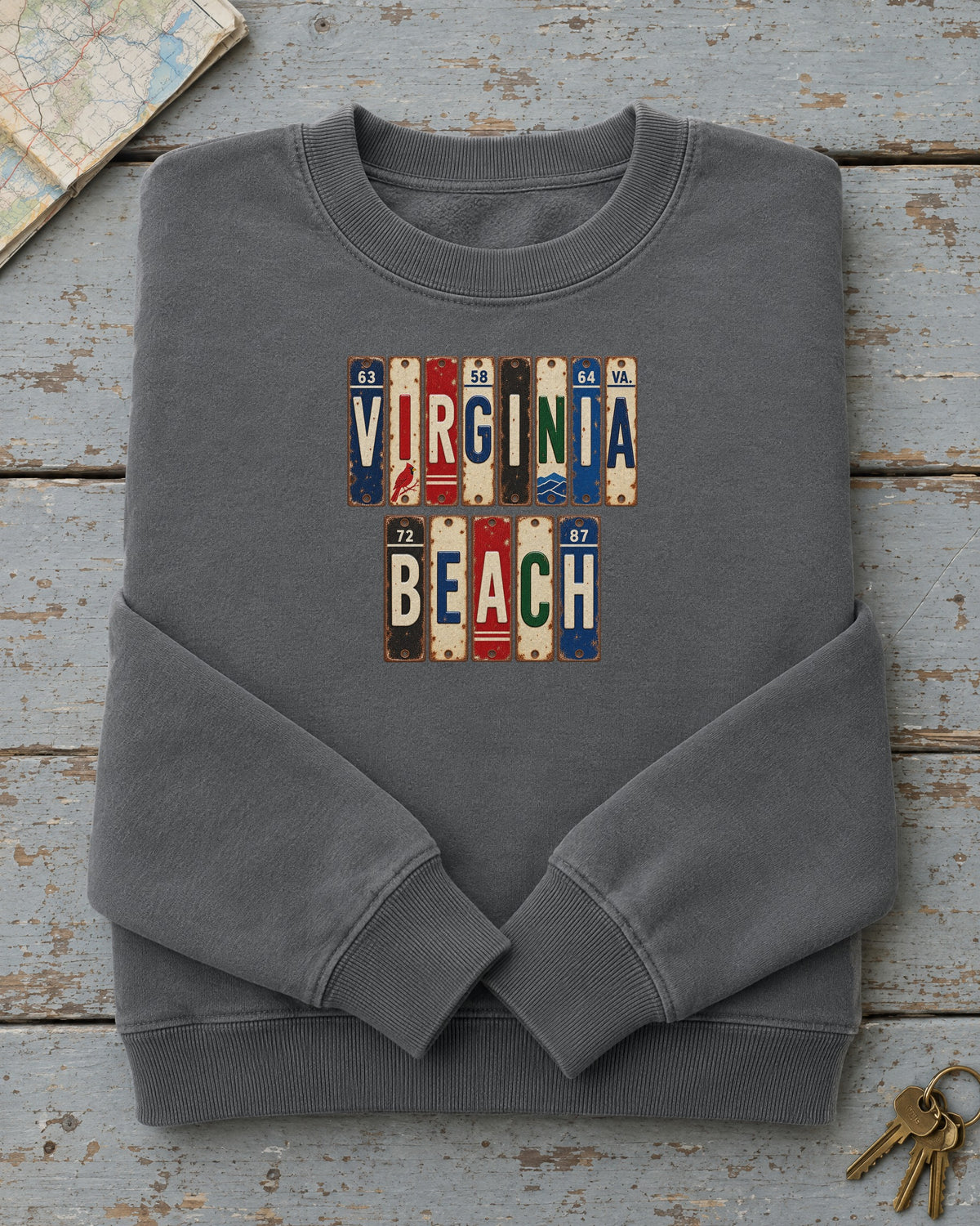 Virginia Beach, Virginia vintage license plate sweatshirt in Pepper