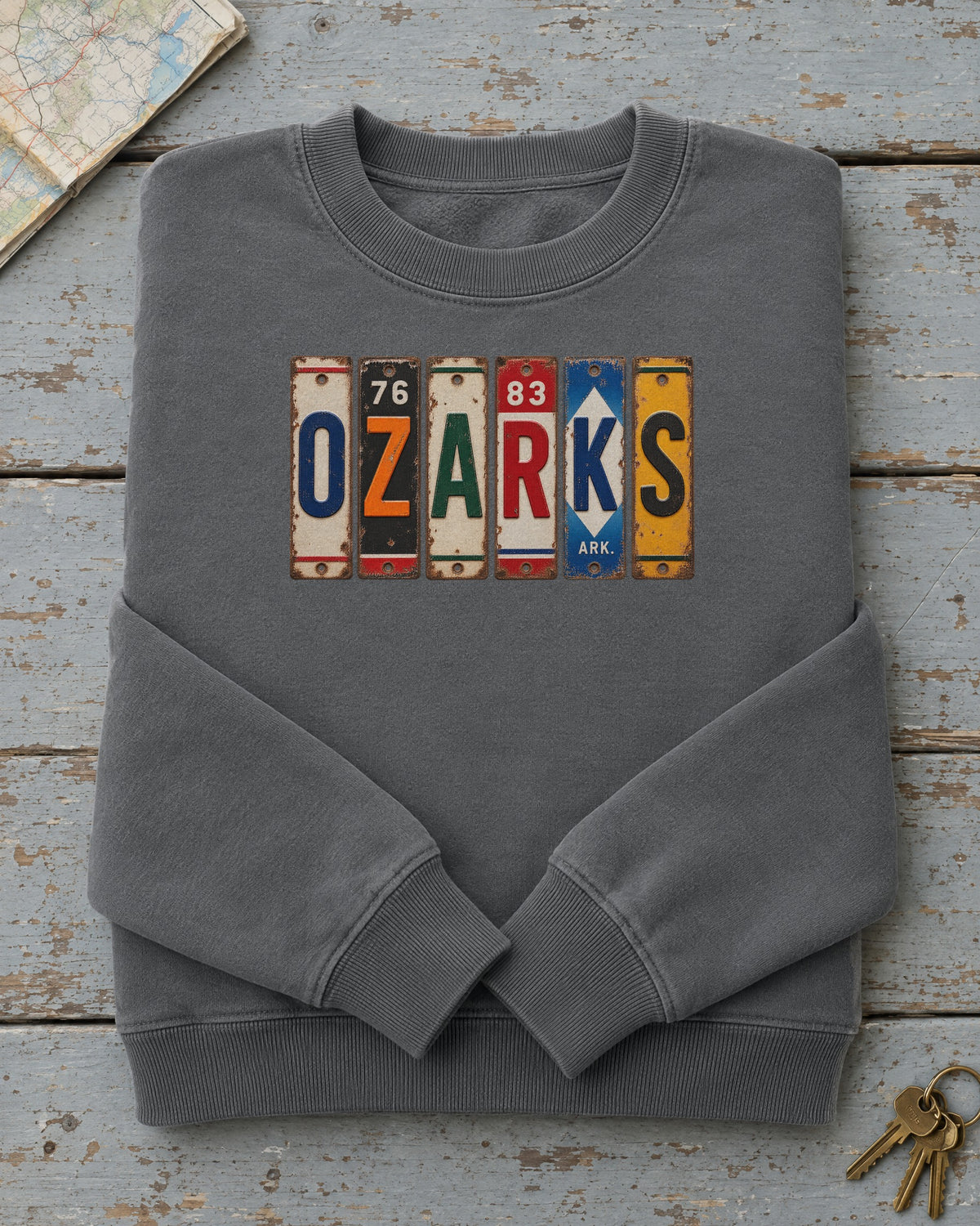 Ozarks, Arkansas vintage license plate sweatshirt in Pepper