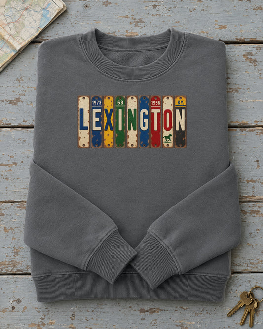 Lexington, Kentucky vintage license plate sweatshirt in Pepper