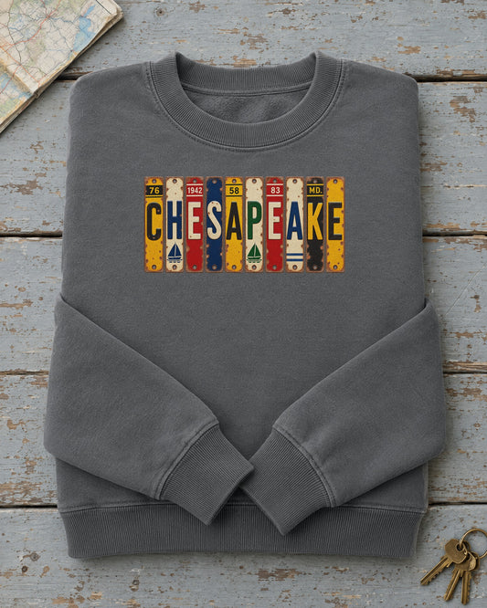 Chesapeake, Maryland vintage license plate sweatshirt in Pepper