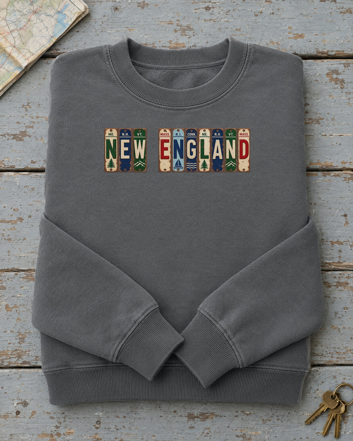 New England vintage license plate sweatshirt in Pepper