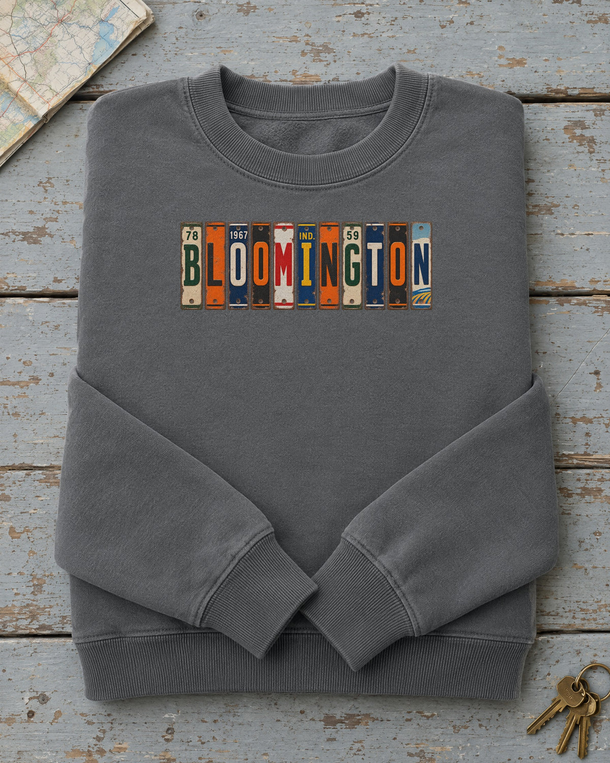 Bloomington, Indiana vintage license plate sweatshirt in Pepper