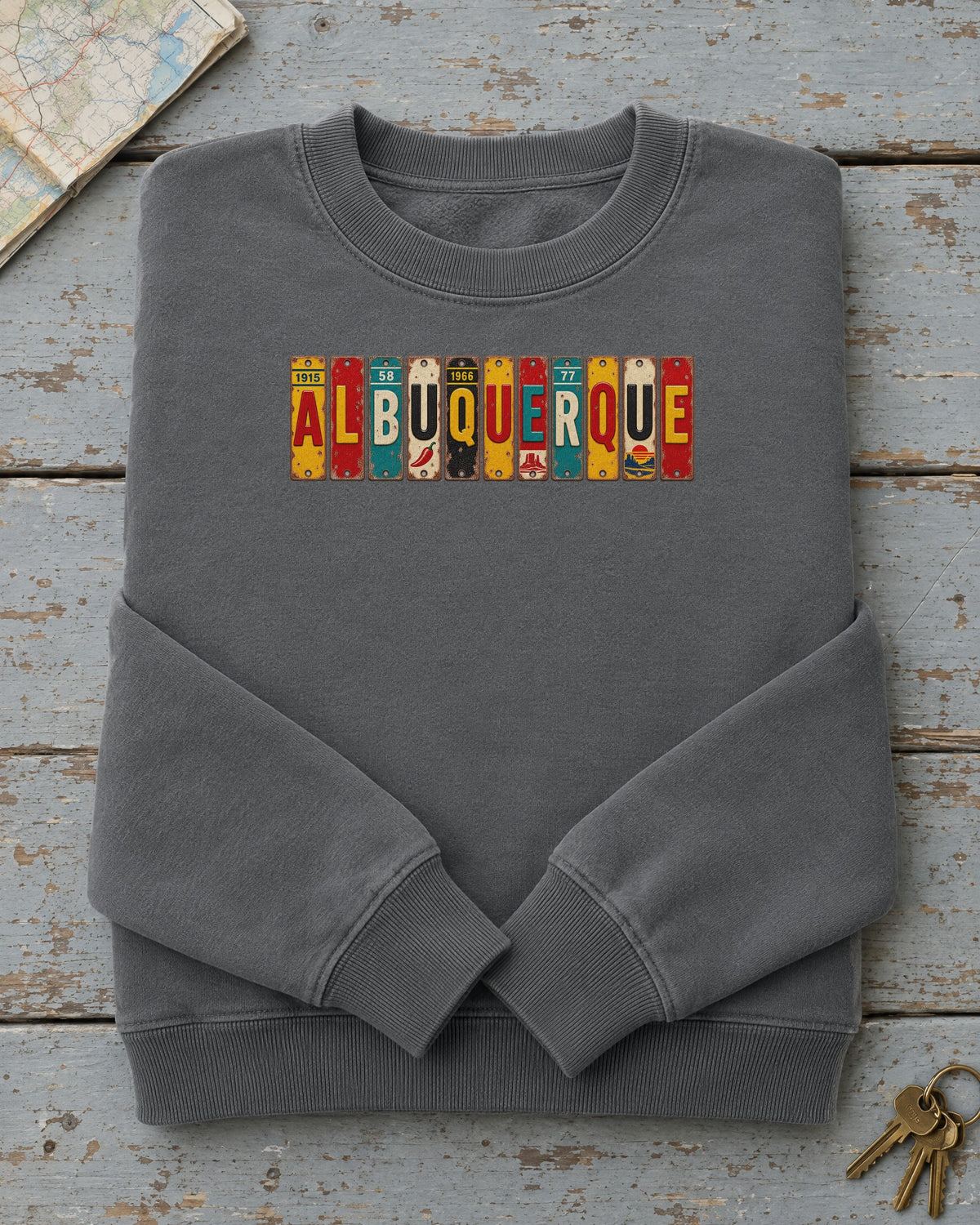 Albuquerque, New Mexico vintage license plate sweatshirt in Pepper