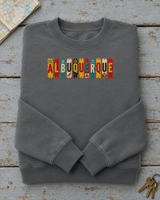 Albuquerque, New Mexico vintage license plate sweatshirt in Pepper