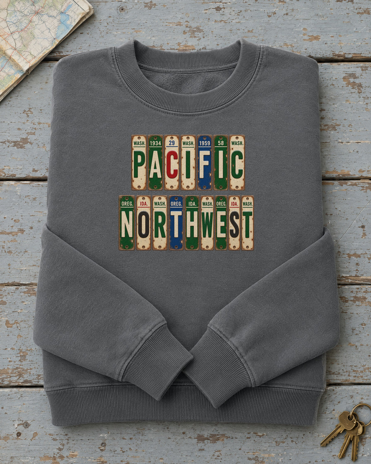 Pacific Northwest vintage license plate sweatshirt in Pepper