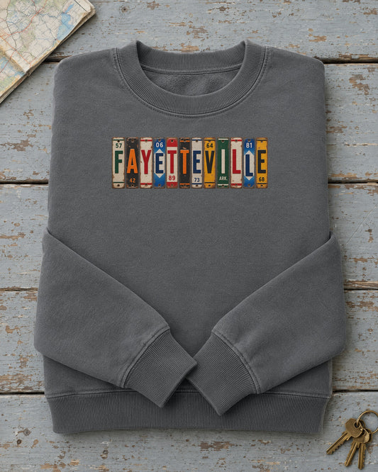 Fayetteville, Arkansas vintage license plate sweatshirt in Pepper