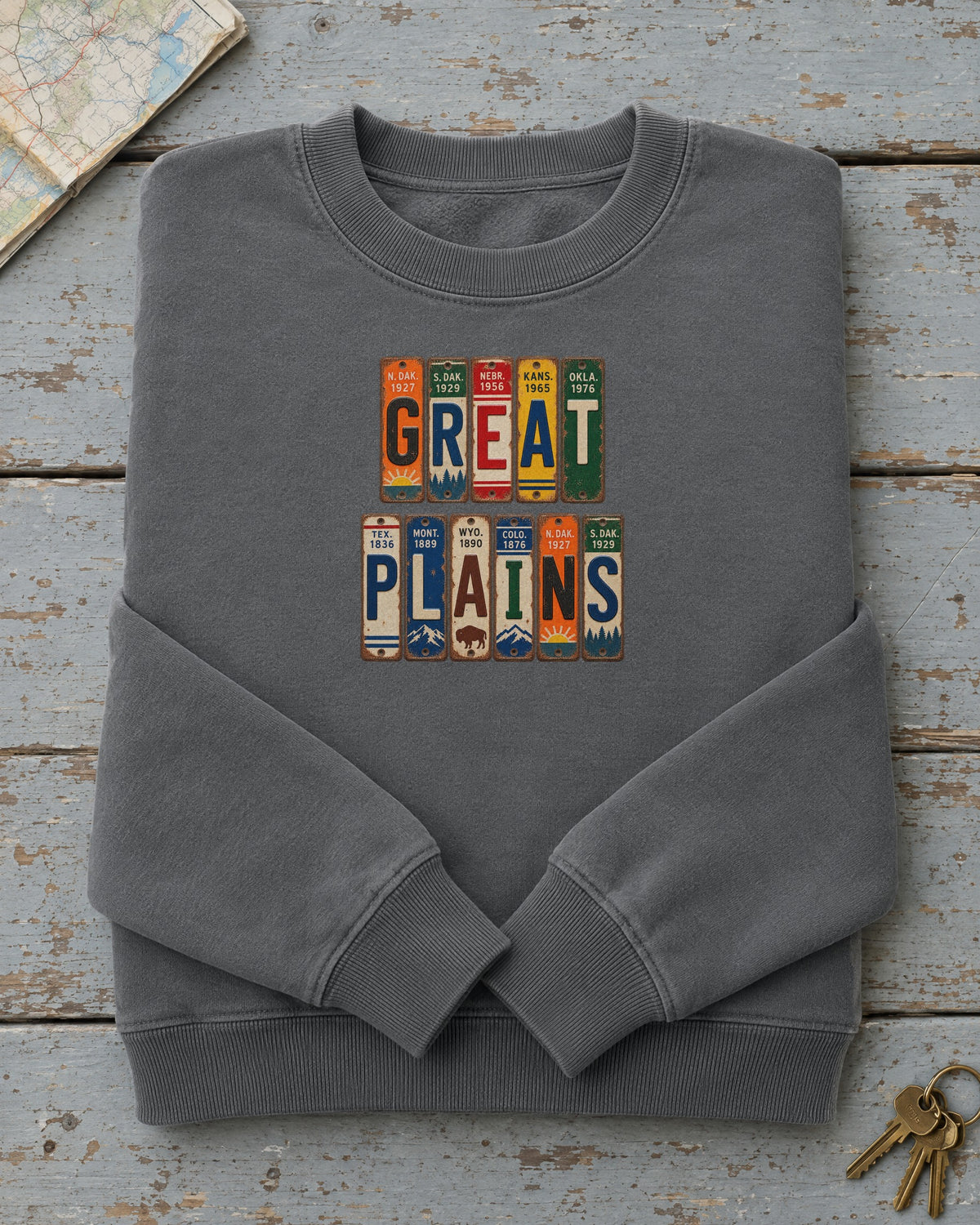 Great Plains vintage license plate sweatshirt in Pepper