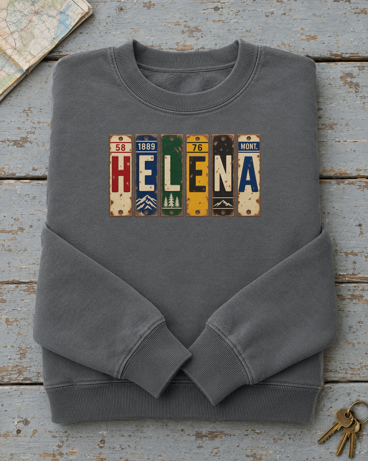 Helena, Montana vintage license plate sweatshirt in Pepper