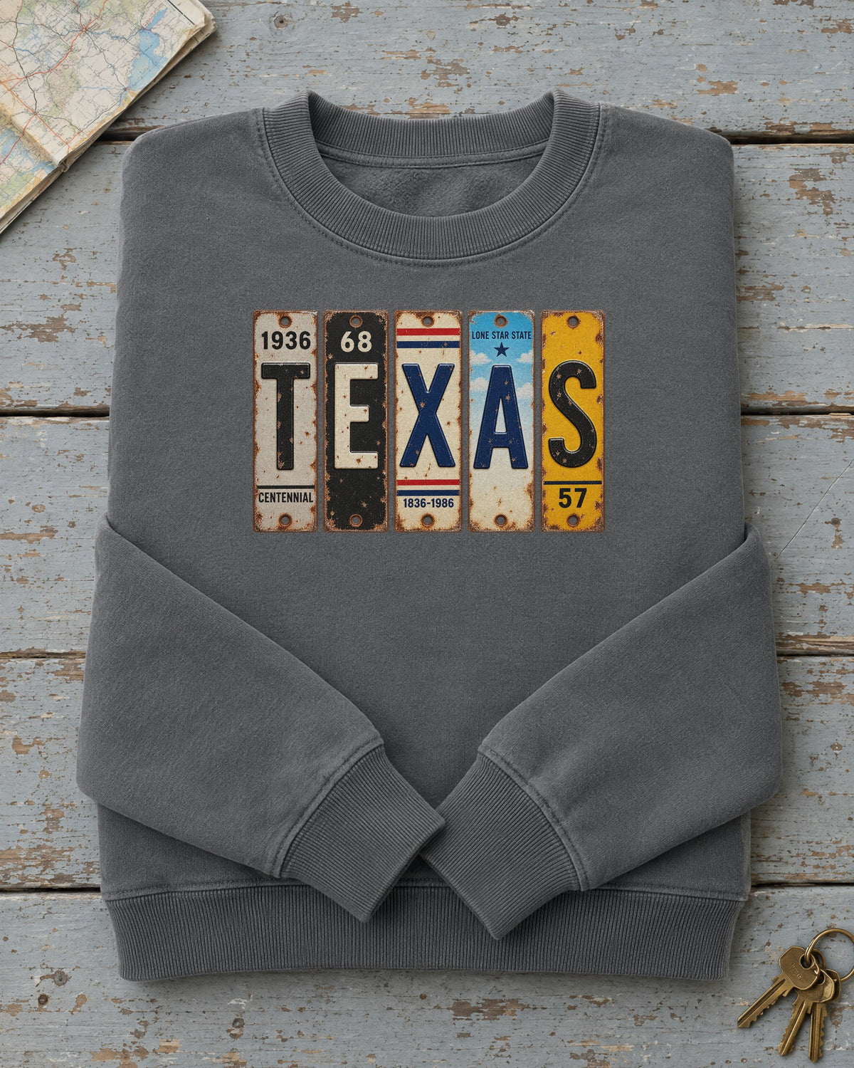 Texas vintage license plate sweatshirt in Pepper