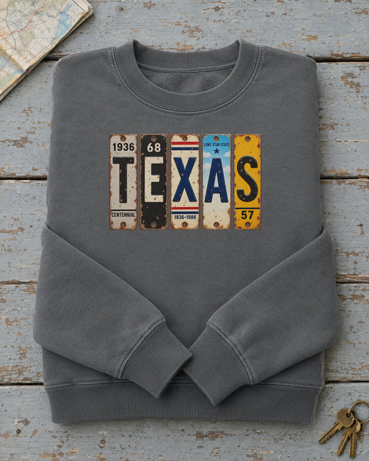 Texas vintage license plate sweatshirt in Pepper