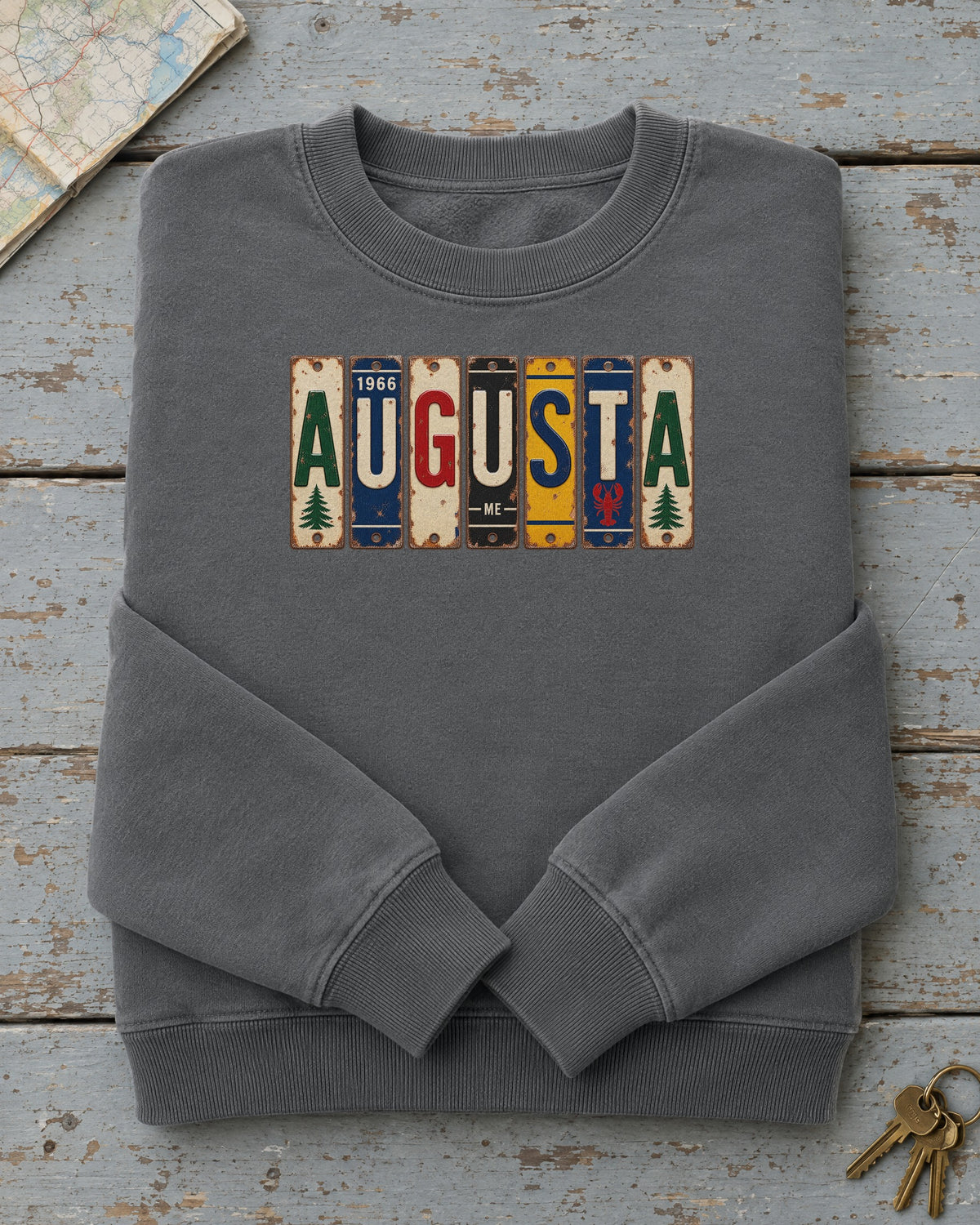 Augusta, Maine vintage license plate sweatshirt in Pepper