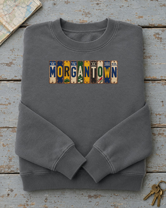 Morgantown, West Virginia vintage license plate sweatshirt in Pepper