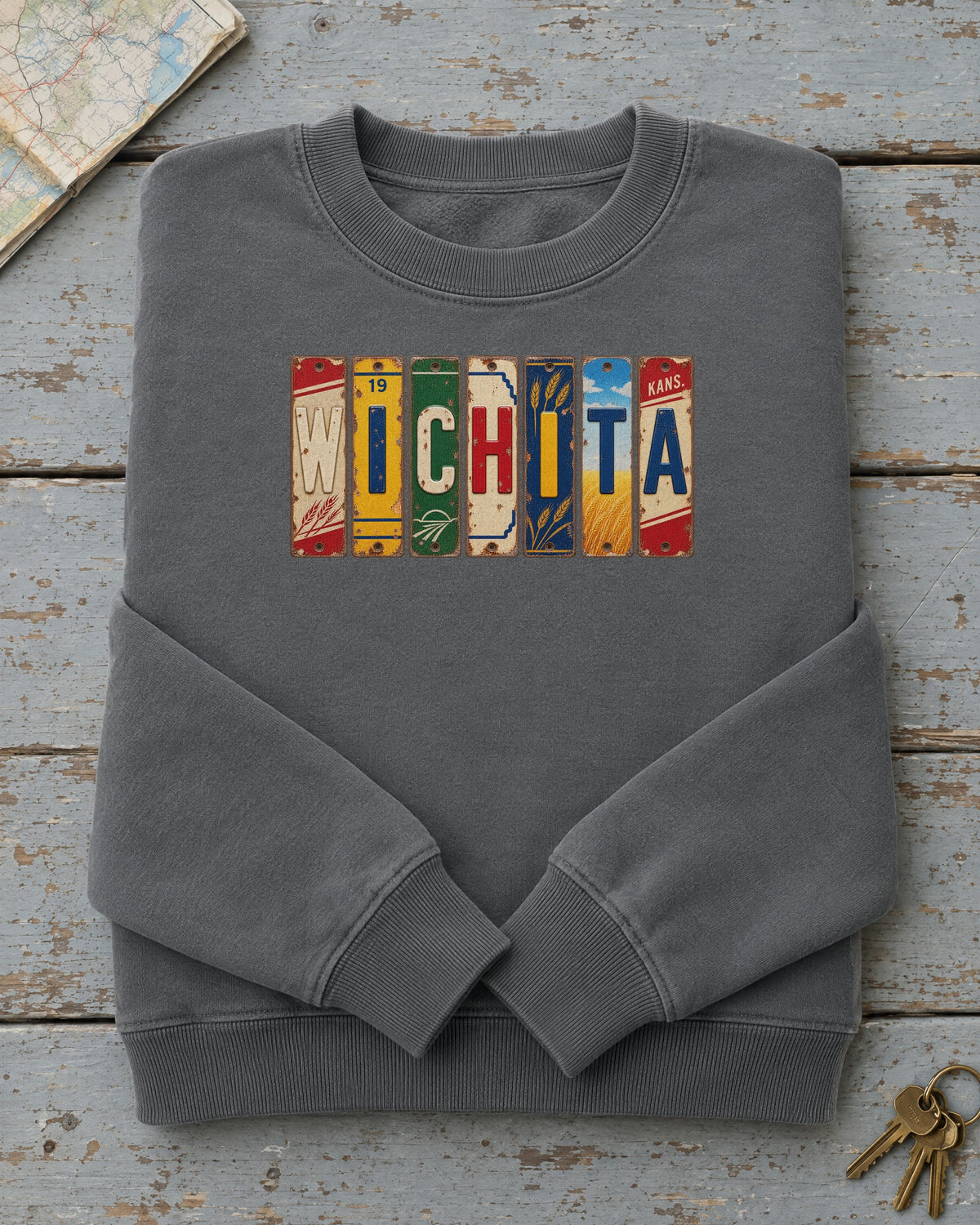 Wichita, Kansas vintage license plate sweatshirt in Pepper