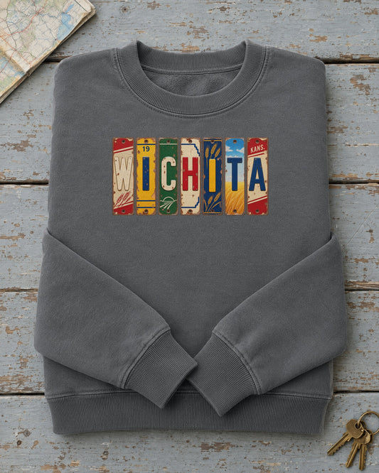 Wichita, Kansas vintage license plate sweatshirt in Pepper