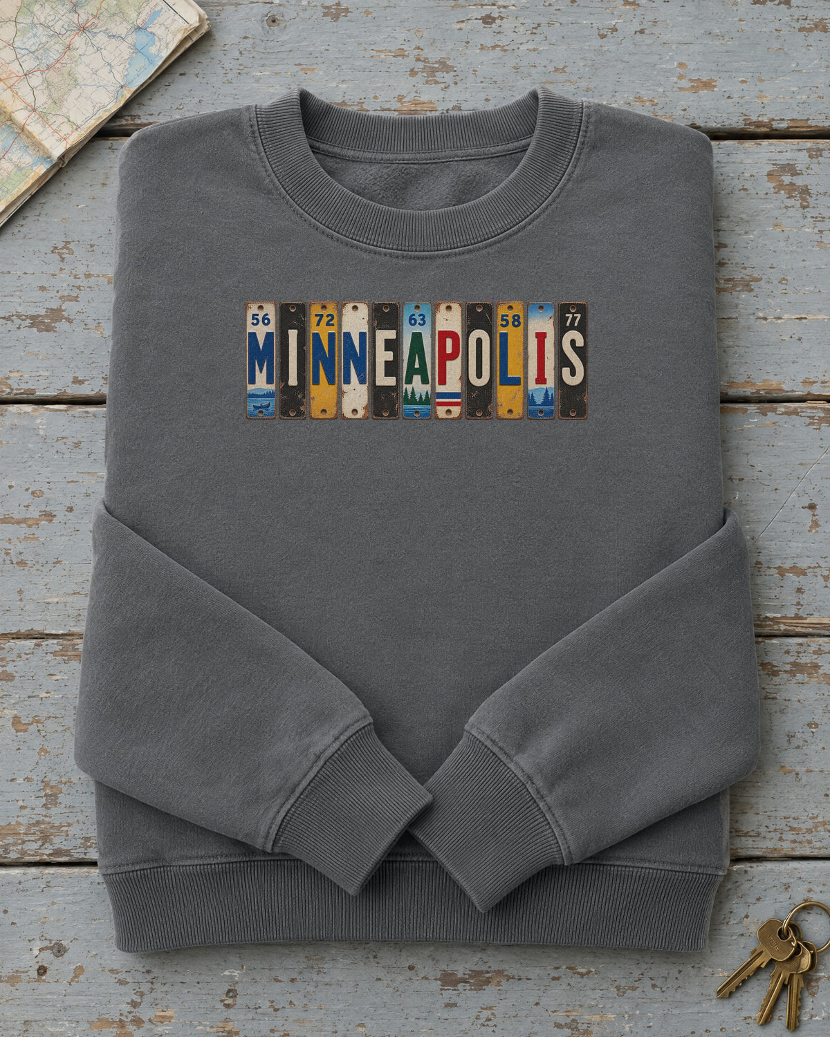 Minneapolis, Minnesota vintage license plate sweatshirt in Pepper