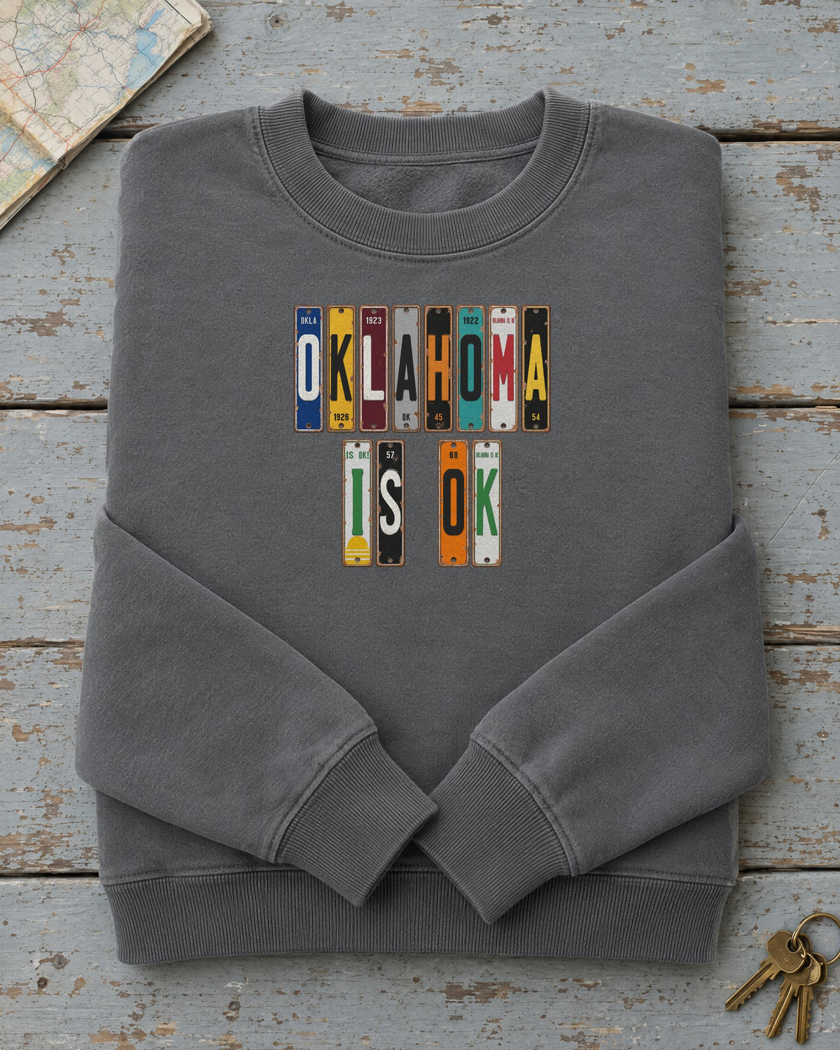 Oklahoma Is OK vintage license plate sweatshirt in Pepper