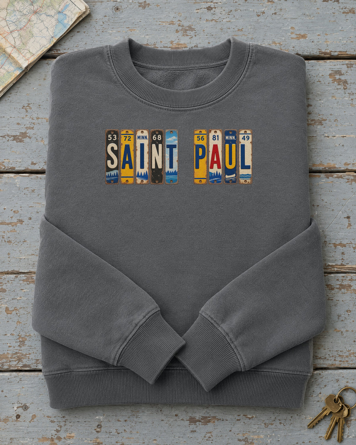 Saint Paul, Minnesota vintage license plate sweatshirt in Pepper