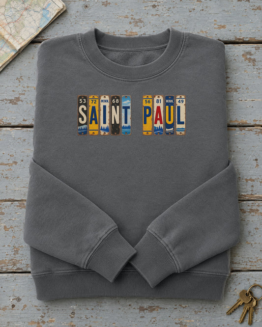 Saint Paul, Minnesota vintage license plate sweatshirt in Pepper