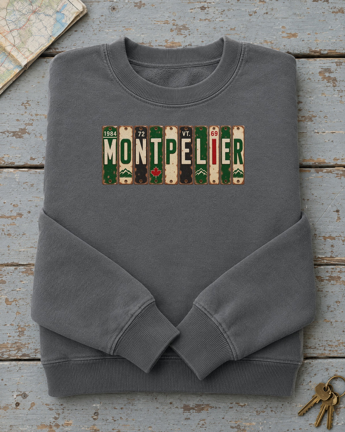 Montpelier, Vermont vintage license plate sweatshirt in Pepper