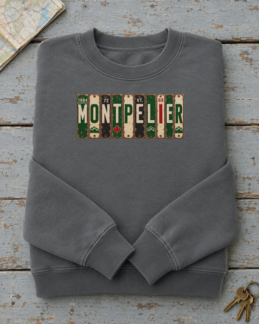 Montpelier, Vermont vintage license plate sweatshirt in Pepper