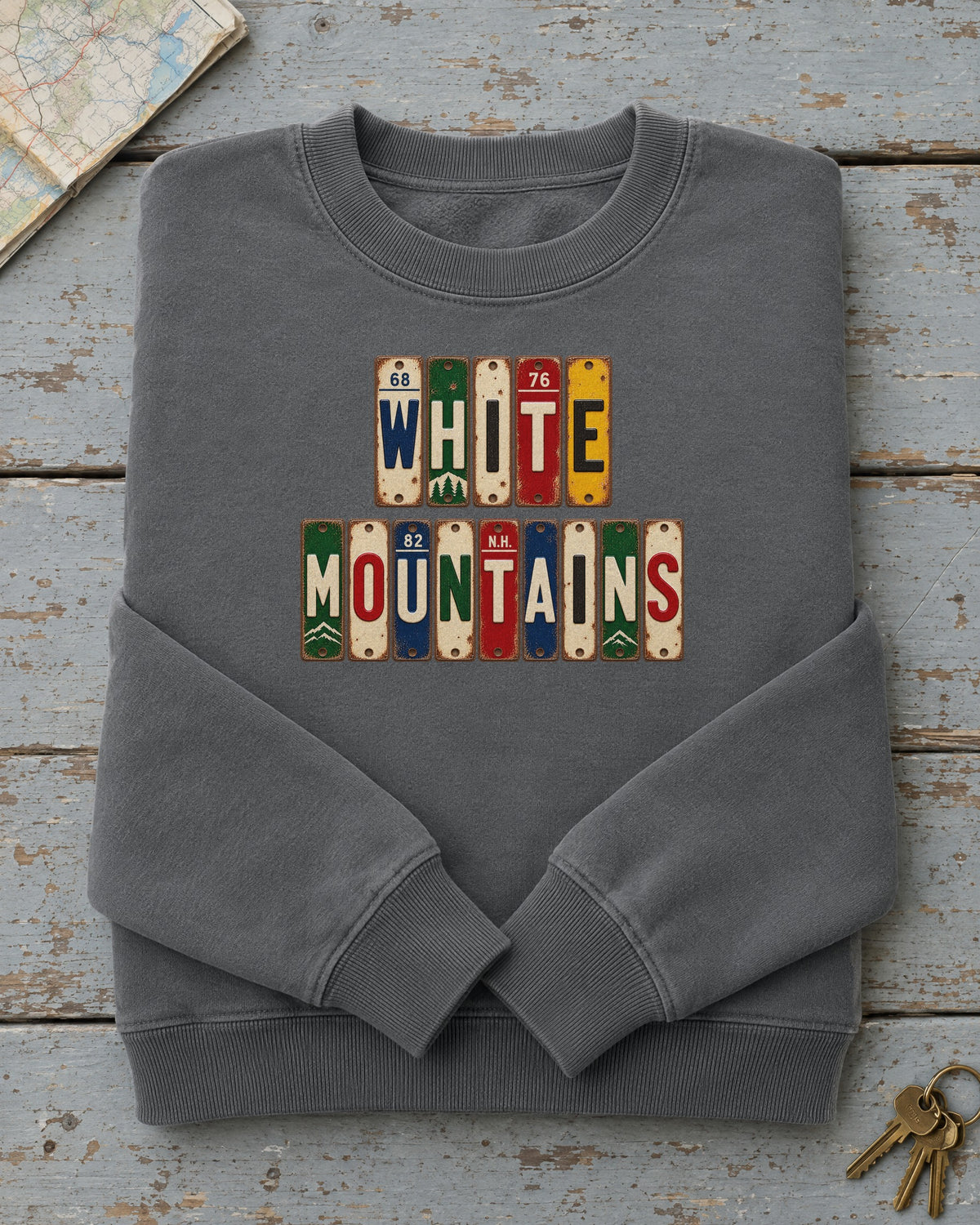 White Mountains, New Hampshire vintage license plate sweatshirt in Pepper