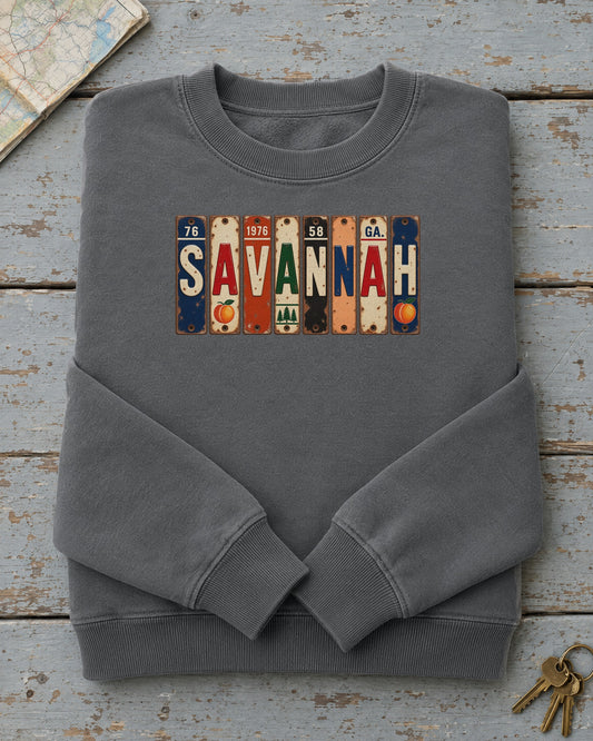 Savannah, Georgia vintage license plate sweatshirt in Pepper