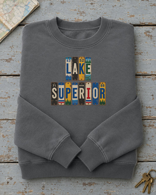 Lake Superior, Minnesota vintage license plate sweatshirt in Pepper