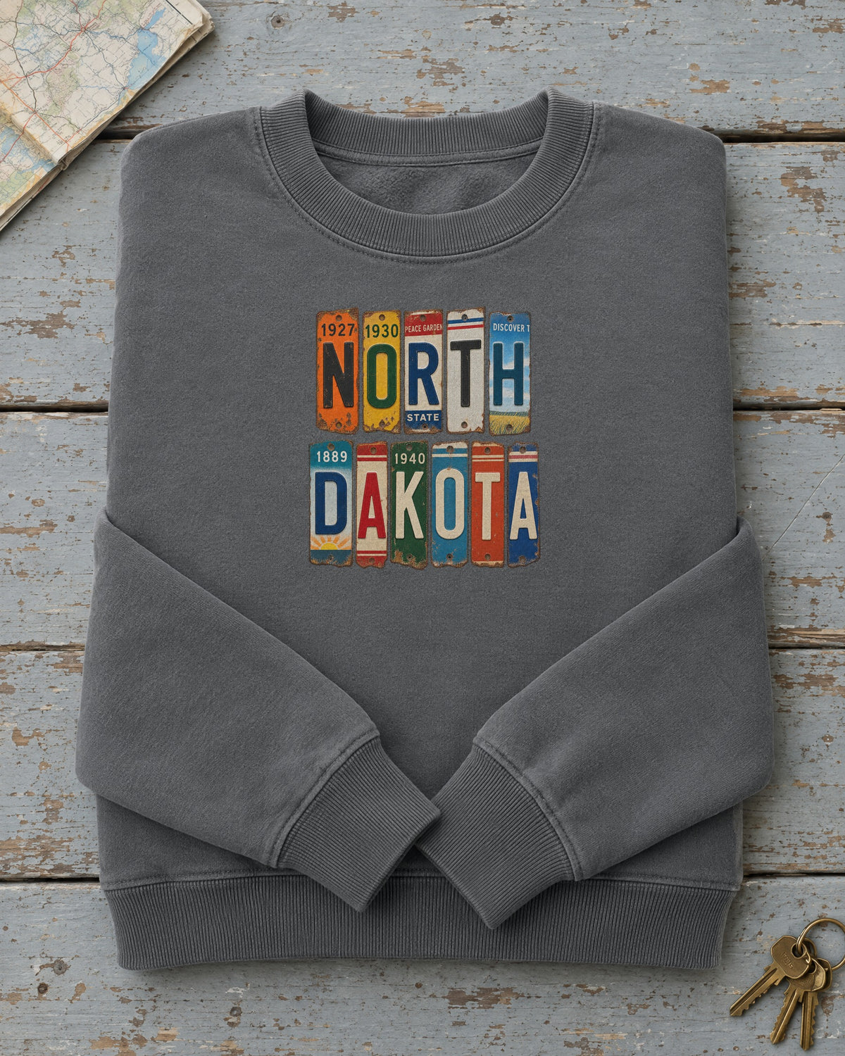 North Dakota vintage license plate sweatshirt in Pepper