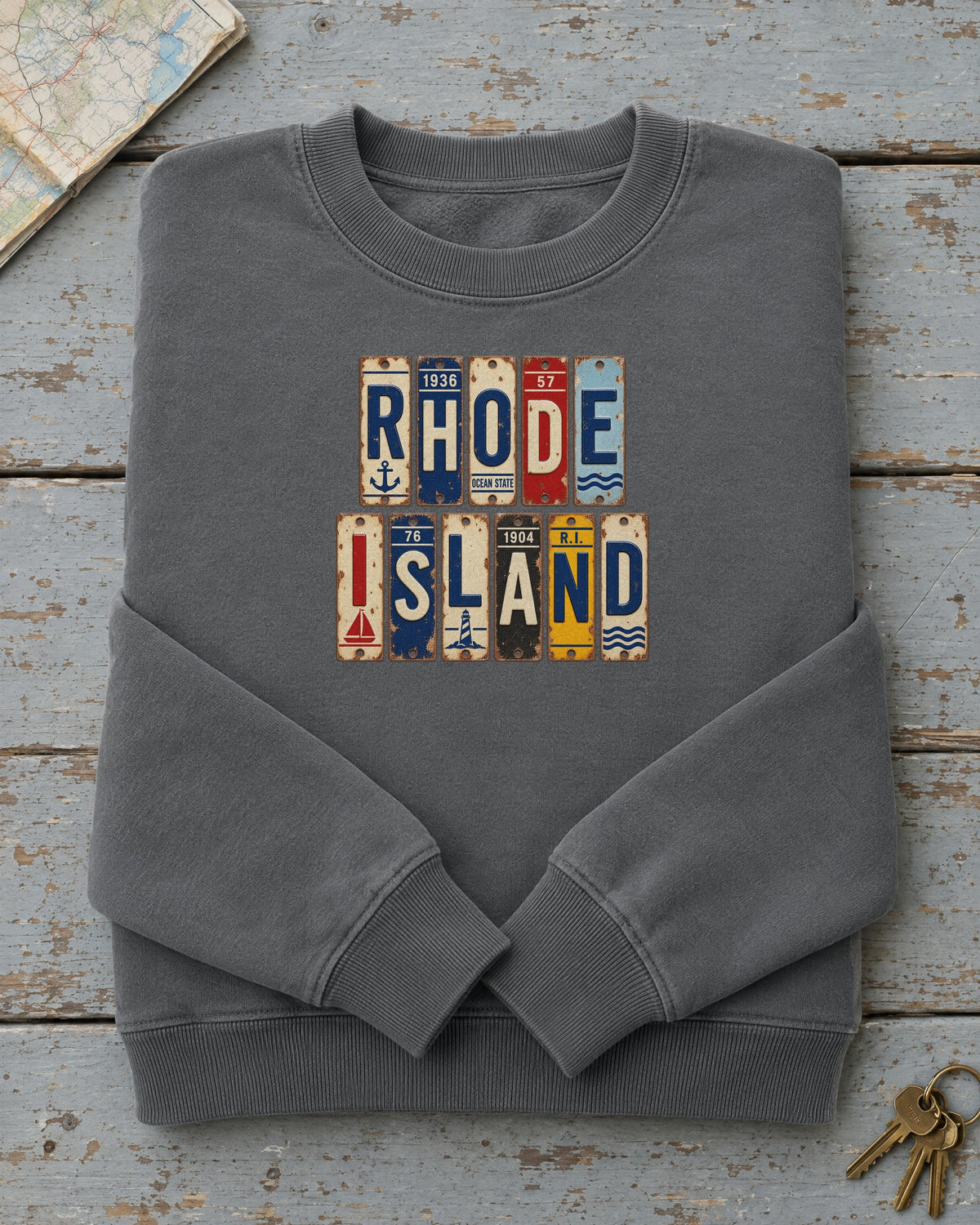 Rhode Island vintage license plate sweatshirt in Pepper