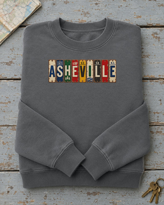 Asheville, North Carolina vintage license plate sweatshirt in Pepper
