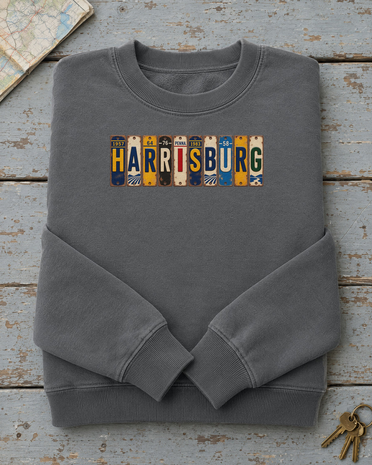Harrisburg, Pennsylvania vintage license plate sweatshirt in Pepper