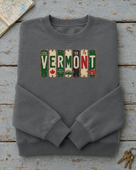 Vermont vintage license plate sweatshirt in Pepper