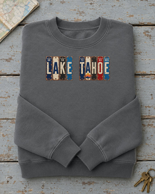 Lake Tahoe, Nevada vintage license plate sweatshirt in Pepper