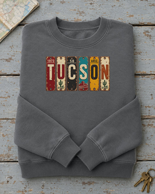 Tucson, Arizona vintage license plate sweatshirt in Pepper