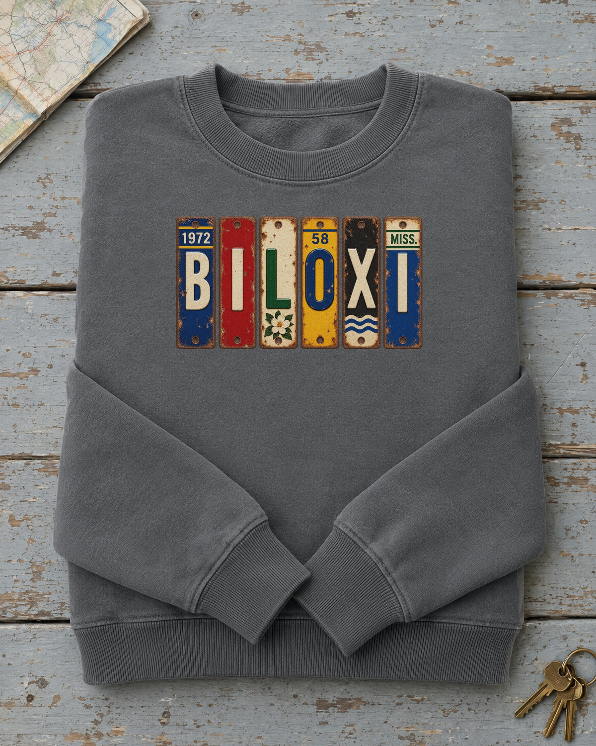 Biloxi, Mississippi vintage license plate sweatshirt in Pepper