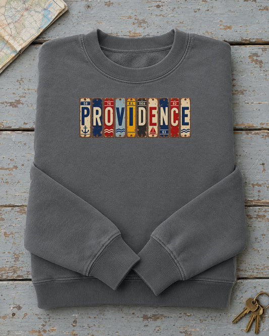 Providence, Rhode Island vintage license plate sweatshirt in Pepper