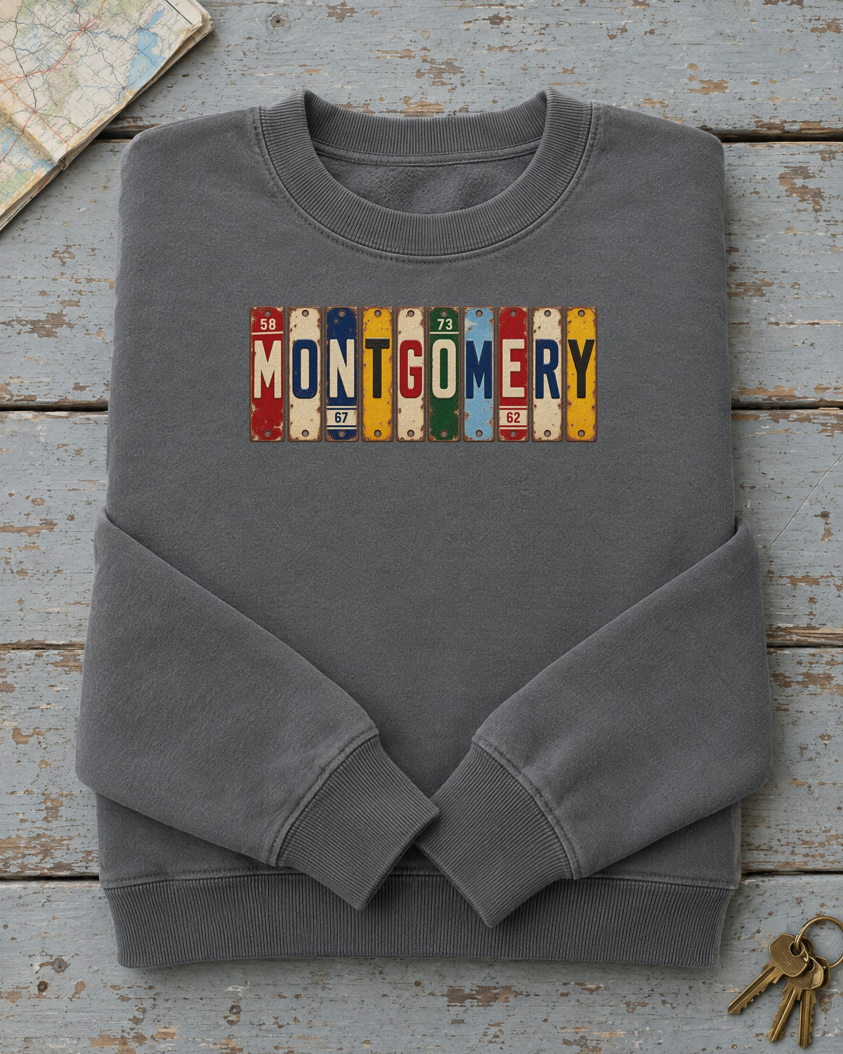 Montgomery, Alabama vintage license plate sweatshirt in Pepper