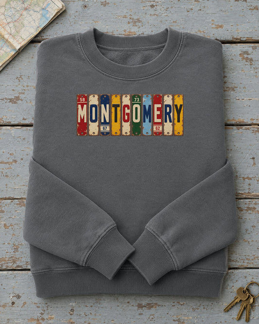Montgomery, Alabama vintage license plate sweatshirt in Pepper