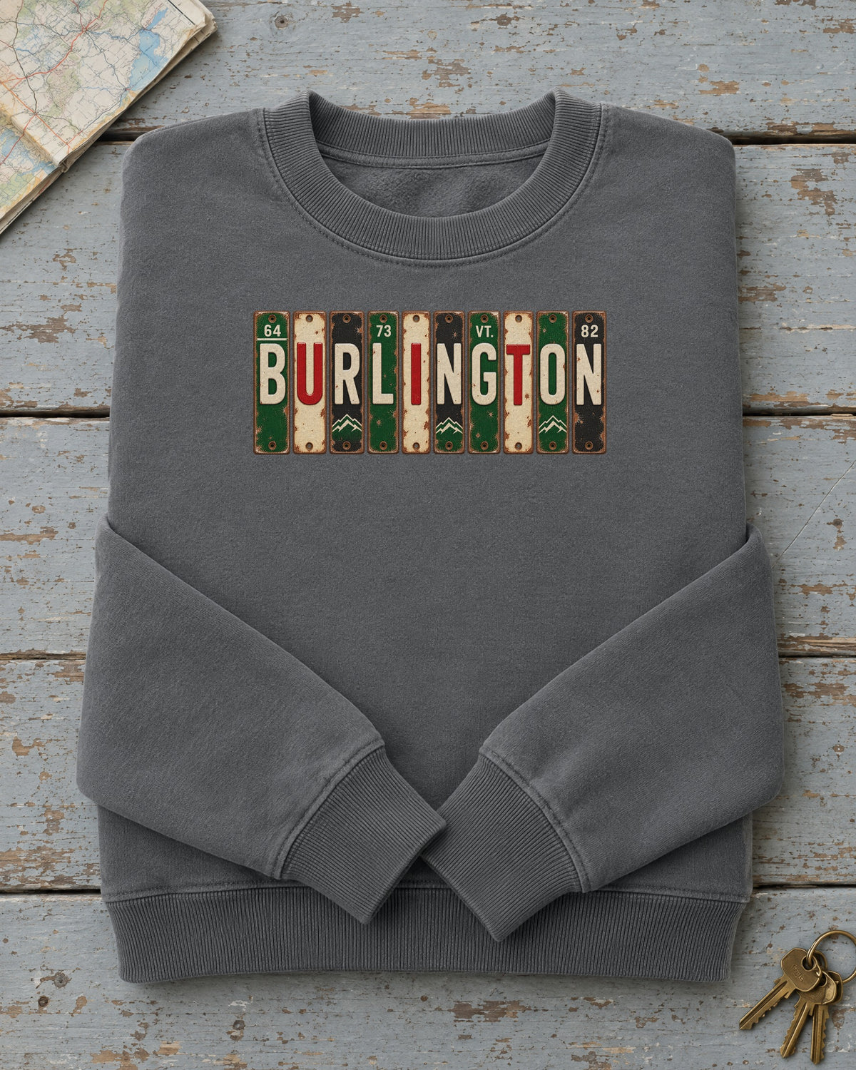 Burlington, Vermont vintage license plate sweatshirt in Pepper