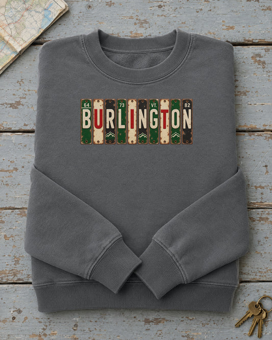 Burlington, Vermont vintage license plate sweatshirt in Pepper