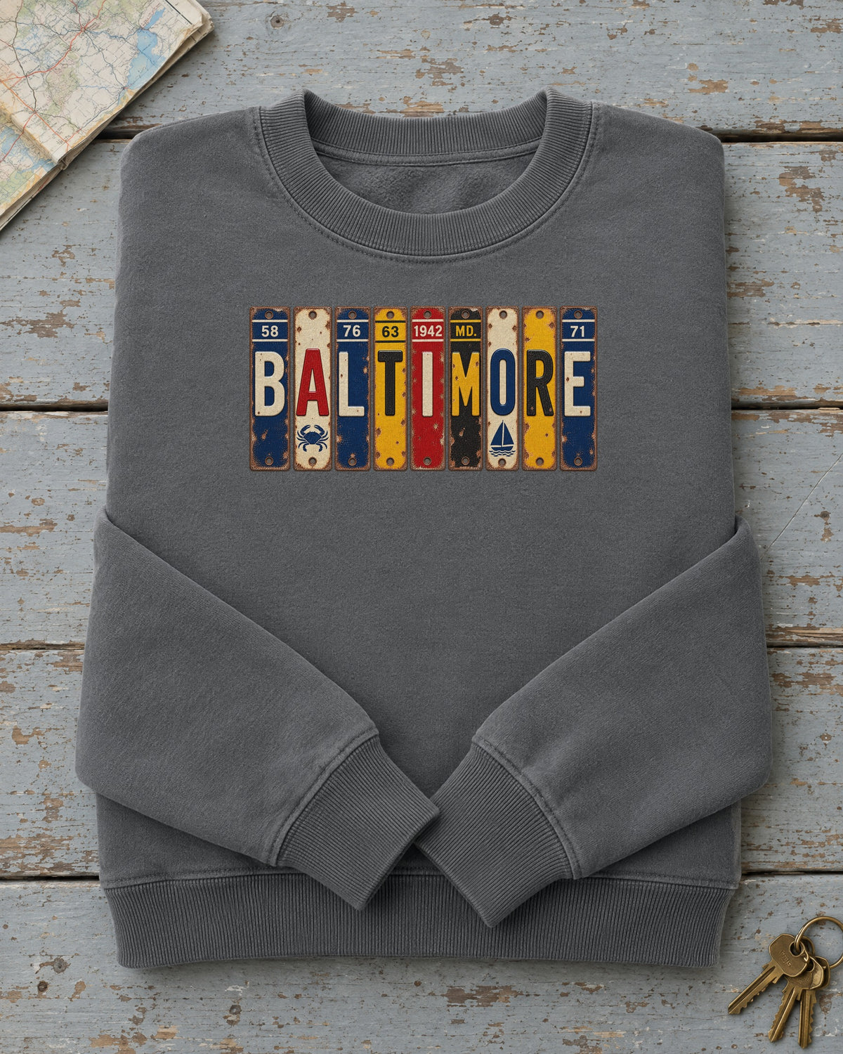 Baltimore, Maryland vintage license plate sweatshirt in Pepper