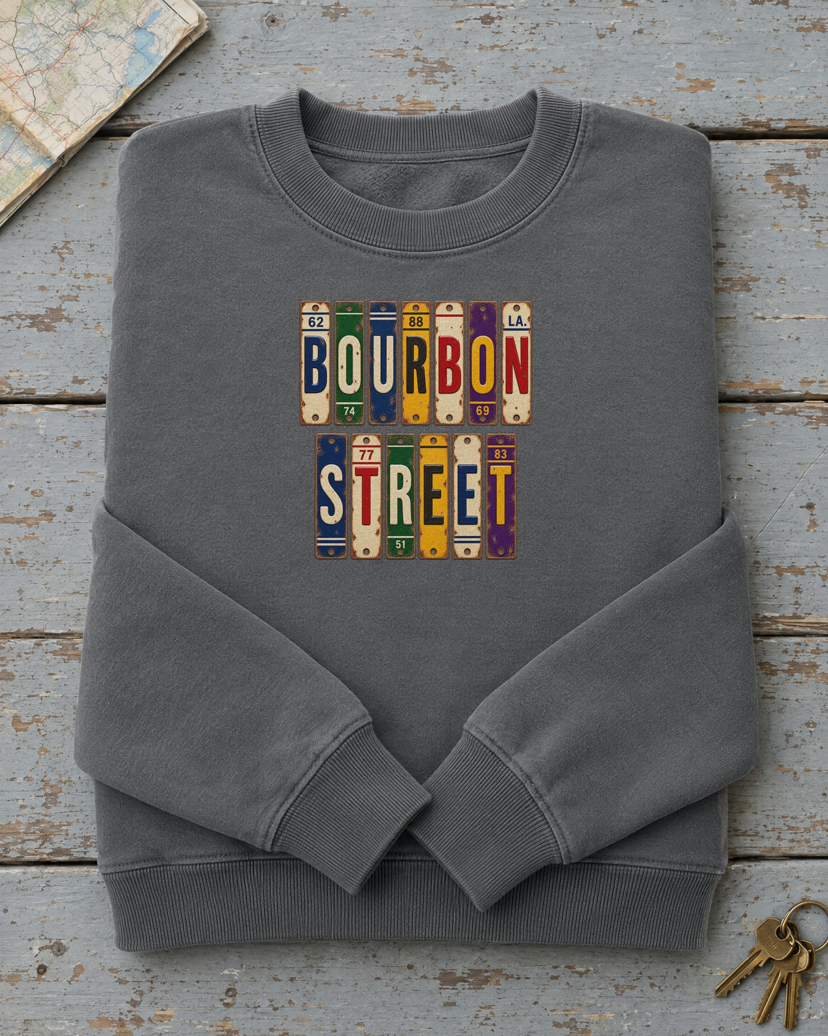 Bourbon Street, Louisiana vintage license plate sweatshirt in Pepper