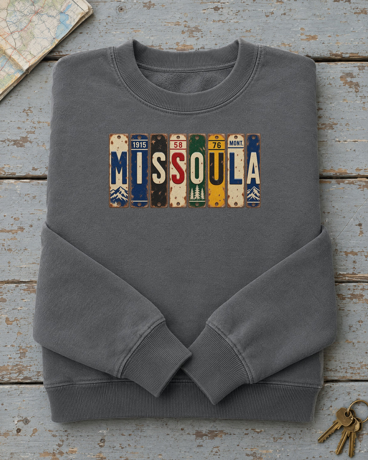 Missoula, Montana vintage license plate sweatshirt in Pepper