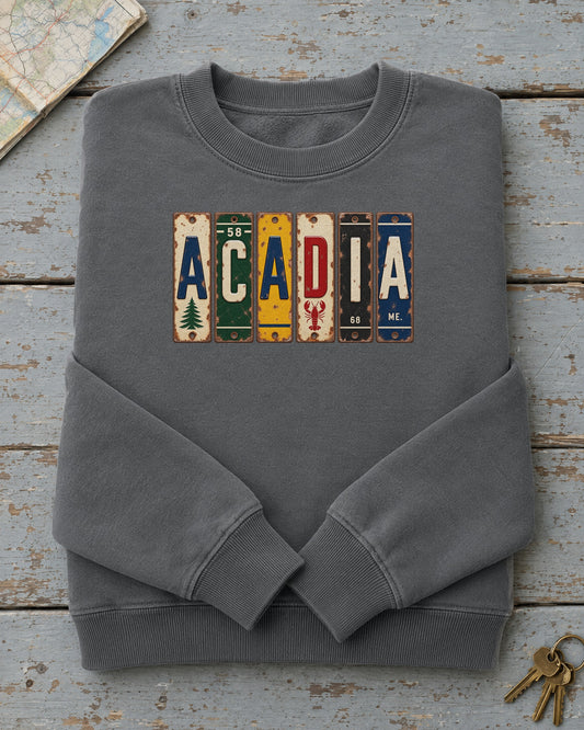 Acadia, Maine vintage license plate sweatshirt in Pepper