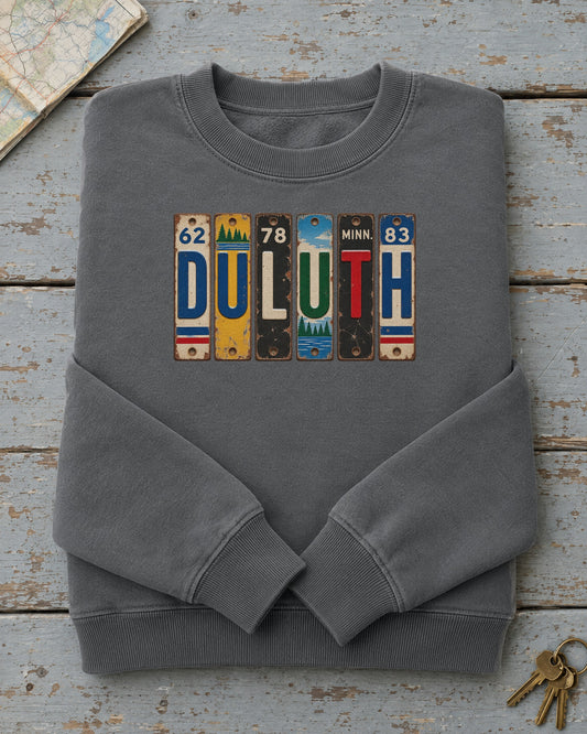 Duluth, Minnesota vintage license plate sweatshirt in Pepper