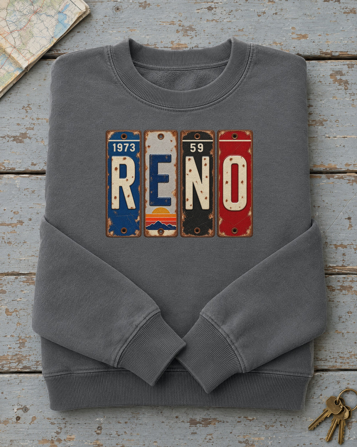 Reno, Nevada vintage license plate sweatshirt in Pepper