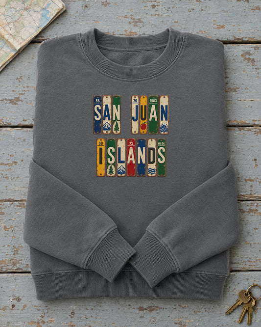 San Juan Islands, Washington vintage license plate sweatshirt in Pepper